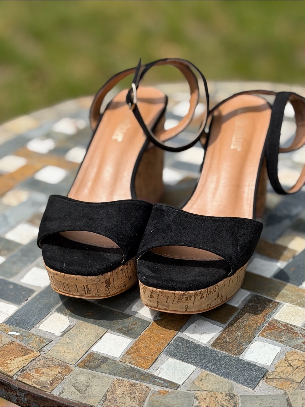 Olivia Miller Black Suede Cork Platform Sandals with Ankle Strap